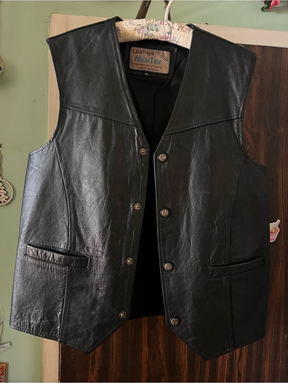 Masters Black Leather Vest with Button Front